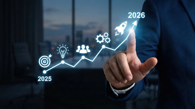 Businessman pointing at future growth strategy,2025 to 2026 innovation timeline with icons for idea,teamwork,target,launch and success in a digital business environment - Powered by Adobe