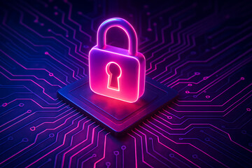 Glowing neon padlock on circuit board representing digital technology encryption cyber security concept information safety and online infrastructure protection