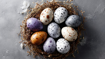 Obraz premium Easter egg nest speckled egg colorful egg natural decoration spring holiday quail egg rustic style top view happy festive mood still life on stone