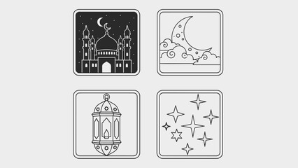 A serene collection of spiritual night-themed icons depicting a mosque, radiant crescent moon, elegant Islamic lantern, and sparkling stars, perfect for cultural and religious observances