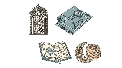Illustrations of Islamic prayer essentials and cultural symbols, featuring an open holy book, a prayer mat, a mosque arch, and a crescent moon, reflecting devotion