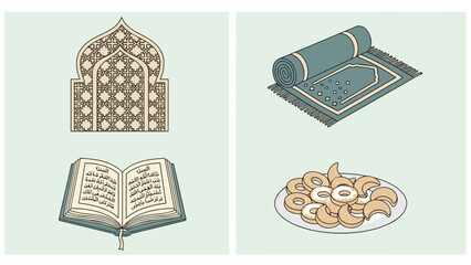 Illustrative set of Islamic cultural symbols a prayer mat, an open holy book, traditional architecture, and festive sweets, representing devotion, faith, and celebration