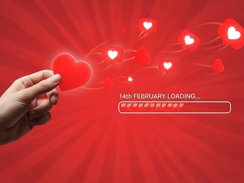 Hand holding a red heart with many floating hearts and loading bar indicating valentines day is approaching - Powered by Adobe