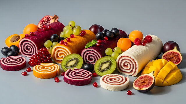 Vibrant Collection of Gourmet Fruit Leather Rolls Displayed with a Variety of Fresh Sliced Fruits including Kiwi, Grapes, Mango, Pomegranate, and Figs, Healthy Dehydrated Snack Assortment on a Neutral