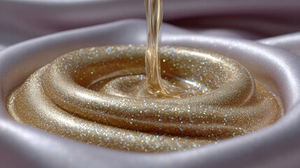 Liquid gold swirl glitter texture luxury background golden cream cosmetic product satin fabric macro detail flowing motion dreamy glow elegant
