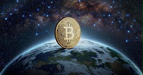  Cryptocurrency Golden Coin Floating Above Earth in Space with Milky Way Galaxy and Digital Network - 4K Cinematic Animation