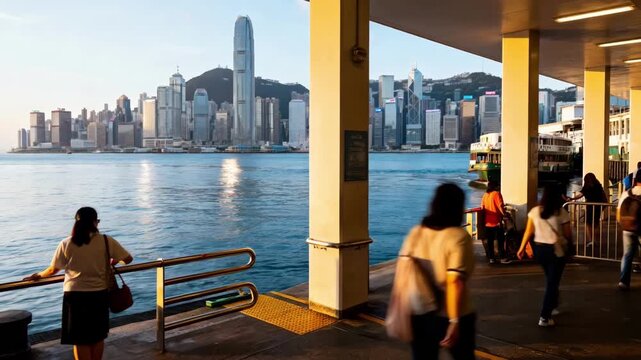 Medium shot of a bustling water taxi dock in an urban harbor capturing passengers boarding and disembarking with the city skyline in the background.
