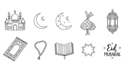 Collection of hand-drawn outline vector icons representing Islamic traditions, Ramadan, and Eid al-Fitr celebrations, ideal for greeting cards and festive designs