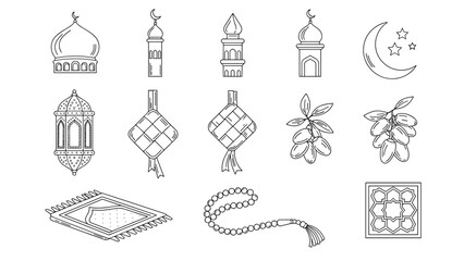 Hand-drawn Outline Vector Collection of Traditional Islamic Symbols and Elements, Ideal for Ramadan, Eid, and Cultural Celebration Designs