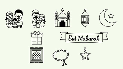 Vector icons for Islamic culture and Eid al-Fitr mosque, moon, lantern, prayer rug, beads, gift, and Muslim family