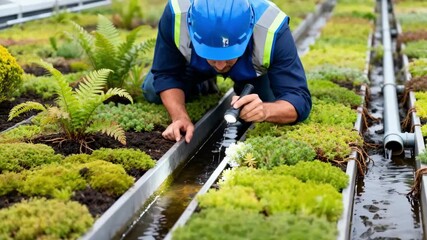 Technician assessing drainage systems on a vibrant green roof ensuring optimal water flow and plant sustainability.