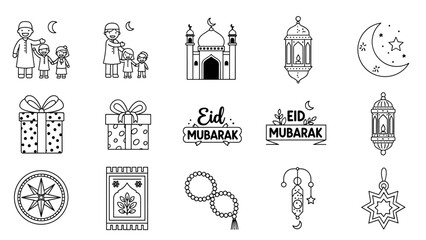 Minimalist Outline Icon Collection for Islamic Celebrations, Featuring Traditional Symbols of Ramadan, Eid al-Fitr, Mosques, Lanterns, and Family Gatherings