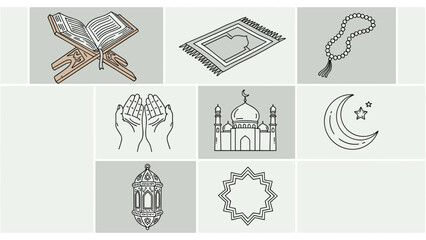 Line art vector icon collection of Islamic culture and faith, featuring the Quran, mosque, prayer mat, beads, lantern, crescent moon, and geometric pattern