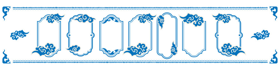 A collection of traditional chinese blue ornate frames with auspicious cloud patterns and decorative borders