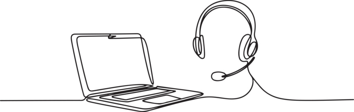 One single line drawing of headphone with microphone and laptop on the work desk as call center equipment tools. Call center customer care concept. one line Icon drawing