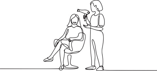 Single one line drawing happy young woman in hair salon. Going for change of style, discussing hairstyling with her hairdresser holding hair dryer. one line Icon drawing