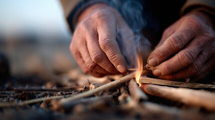 Obraz premium Close-Up of Hands Building Campfire, Arranging Kindling and Sticks with First Wisp of Smoke Rising, Evoking Nature Connection.