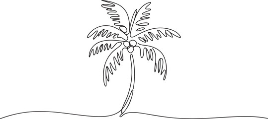 Single continuous line drawing coco nucifera. Decorative coconut palm tree concept for wall decor poster print art and travel vacation tourism campaign. one line Icon drawing