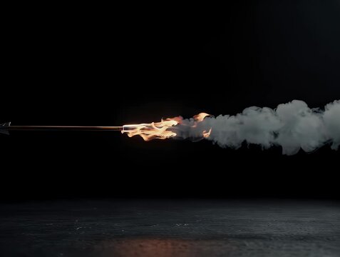 A fiery arrow flies through darkness, leaving a trail of smoke. The ground is dimly lit
