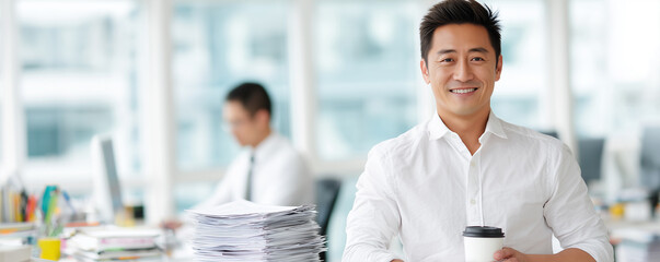 East Asian man enjoys coffee in modern office with paperwork and coworker in background