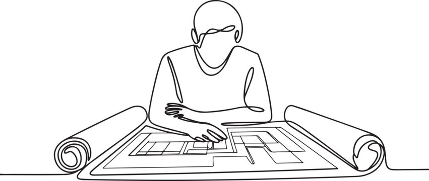 One single line drawing of young architect studying draft construction plan blueprint design. Building architecture business concept. one line Icon drawing