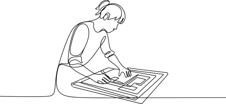 One single line drawing of young architect studying draft construction plan blueprint design. Building architecture business concept. one line Icon drawing