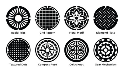 Manhole Cover Designs Vector Set, Including Radial Ribs, Floral Motif, Grid Pattern