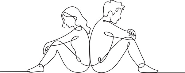 Single one line drawing couple of man and woman, sitting back to back, sad and angry on each other. Breaking up, relationship issues, broken heart, separating. one line Icon drawing