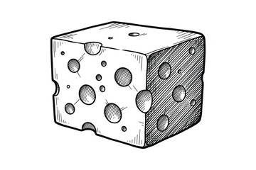 Swiss cheese cube drawing in black and white with holes and shading, food illustration, cheese block art