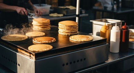 Chef cooking pancakes on a griddle, stacks ready, condiments present