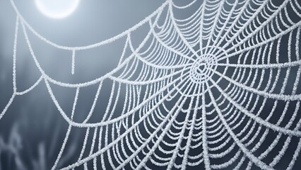 Frozen spiderweb glistening in moonlight creates a serene and eerie scene