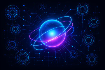 Glowing futuristic energy sphere with neon light rings and advanced digital technology network connections in virtual cyberspace background
