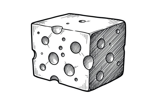 Swiss cheese cube drawing in black and white with holes and shading, food illustration, cheese block art