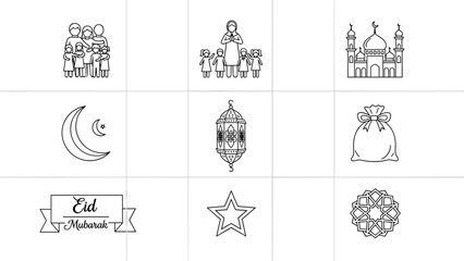 Diverse Collection of Line Art Icons Illustrating Essential Symbols and Traditions of Eid Mubarak, Islamic Celebration, and Cultural Heritage for Digital Design Resources
