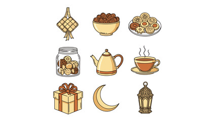 A collection of traditional icons representing Islamic holidays, featuring festive foods, cultural symbols like a crescent moon and lantern, and gifts for joyful celebrations