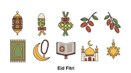 Illustrative set showcasing diverse Islamic cultural celebration elements, including lanterns, prayer beads, spiritual texts, prayer mats, and festive decorations