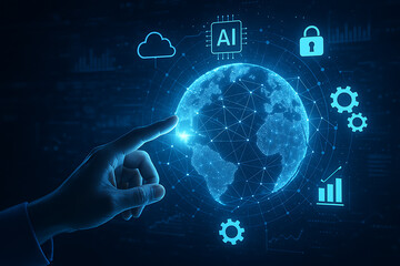 Artificial intelligence network with global connection cybersecurity cloud innovation gears analysis and futuristic technology security