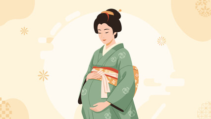 Pregnant Japanese woman wearing traditional Edo period kimono, ideal for historical material, maternity, cultural events or educational purposes