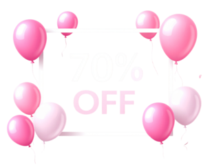 - Women’s Day Special Offer Sale Banner with 70% Off Typography, White Frame and Pink Balloons 
