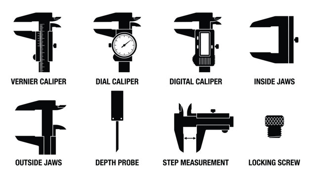 Caliper Types: Vernier, Dial, Digital Caliper and Jaws Types Illustrated Vector Image