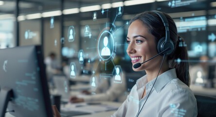 Smiling woman with headset working on a computer in a modern office, digital overlay