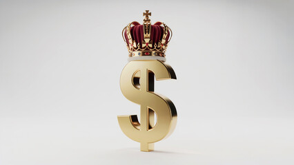 Gold Dollar Currency Sign Wearing Royal King Crown Isolated on White Background for Wealth Concept