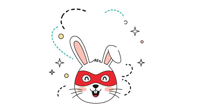 Happy bunny rabbit character wears a red superhero mask and is surrounded by stars and confetti in a fun and energetic celebration image. - Powered by Adobe