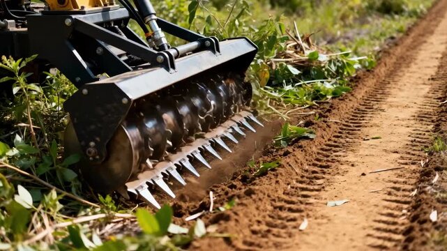 Closeup on forestry mulcher attachment tearing through invasive plants along a firebreak emphasizing sustainable land maintenance.