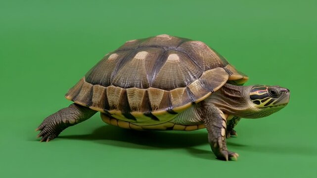 A turtle walking on green studio background, captured in a video animation footage sequence.