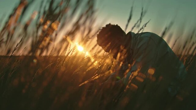 Spiritual man is sitting in squat position and praying. He is keeping his eyes closed and holding hands together close to face. Also there is a rifle near his knees.