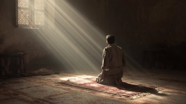 Spiritual man is sitting in squat position and praying. He is keeping his eyes closed and holding hands together close to face. Also there is a rifle near his knees.