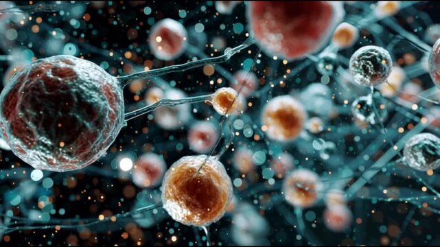 Orphan disease. Genetic disorder. Medical awareness. Colorful depiction of cells and fibers in a microscopic view.