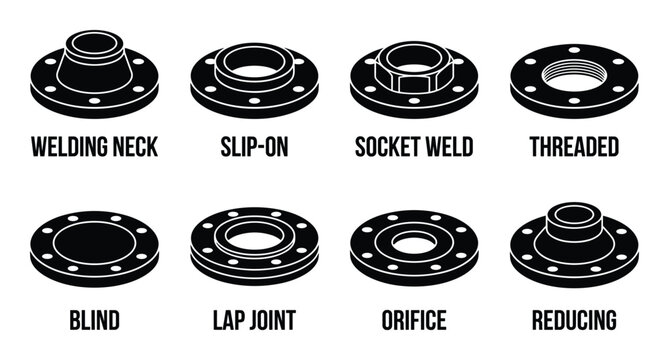 Types of Pipe Flanges Vector Set: Welding Neck, Slip-On, Socket Weld, Threaded, Blind, Lap Joint, Orifice, Reducing