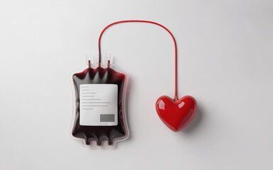 Blood Donation Concept with Red Blood Bag Connected to Heart Shape via Tube on White Background for Medical Healthcare